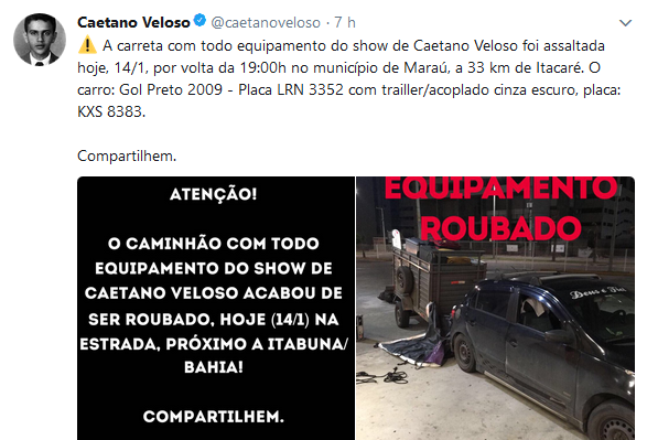 Equipamento do show de Caetano Veloso é roubado próximo a Maraú
