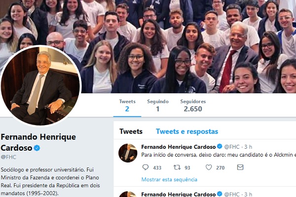 FHC estreia conta no Twitter e reafirma apoio à candidatura de Alckmin