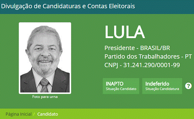 Site do TSE já mostra Lula como “inapto” e registro como “indeferido”