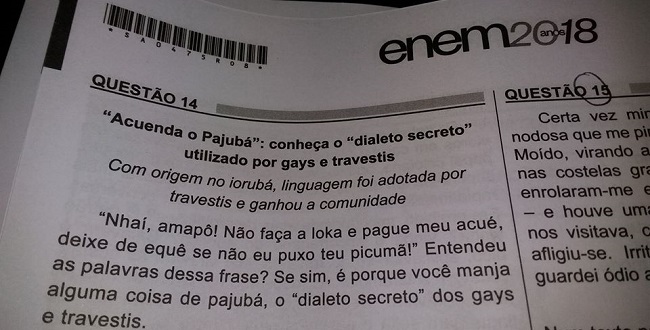 Veja resolução de questão do Enem que aborda status do pajubá como 'dialeto  secreto' dos gays e travestis, Enem 2018