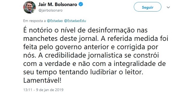 Bolsonaro lamenta “nível de desinformação” de veículos da grande imprensa