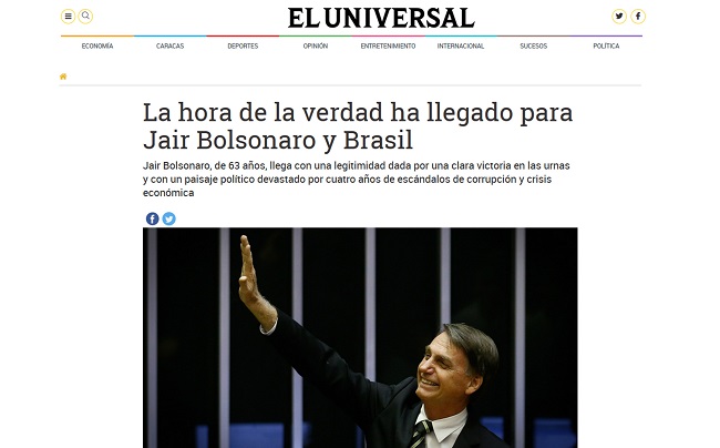 Imprensa internacional destaca posse de Bolsonaro nesta terça-feira