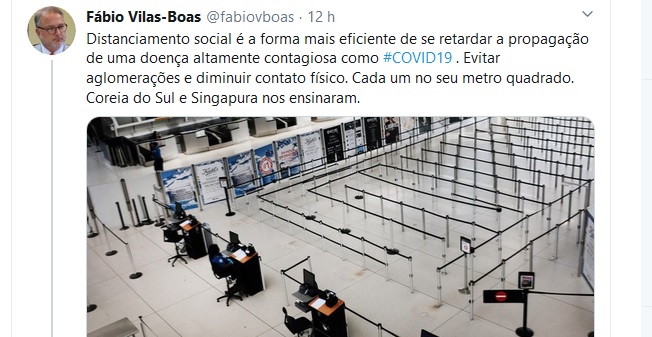 Pelo Twitter, Vilas-Boas recomenda distanciamento social para prevenir coronavírus