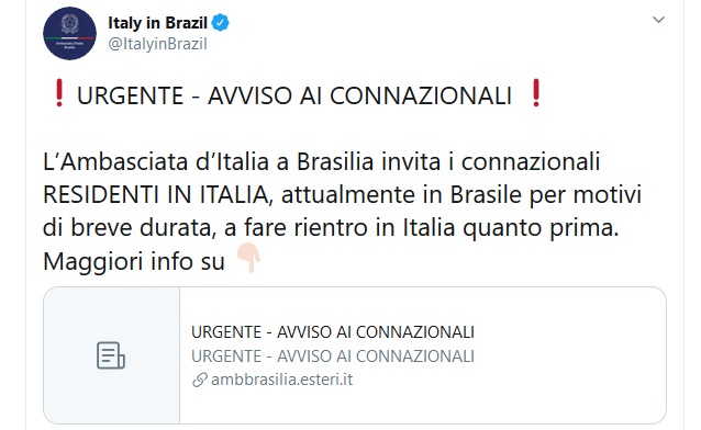 Coronavírus: Embaixada pede a italianos que deixem o Brasil
