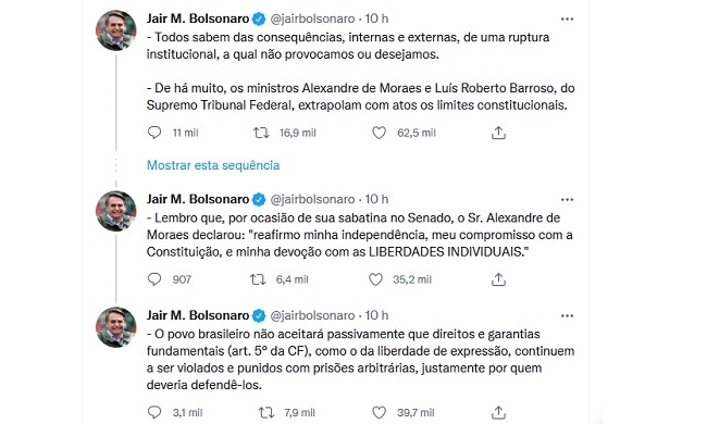 No Twitter, Bolsonaro diz que pedirá ao Senado processos contra Barroso e Moraes