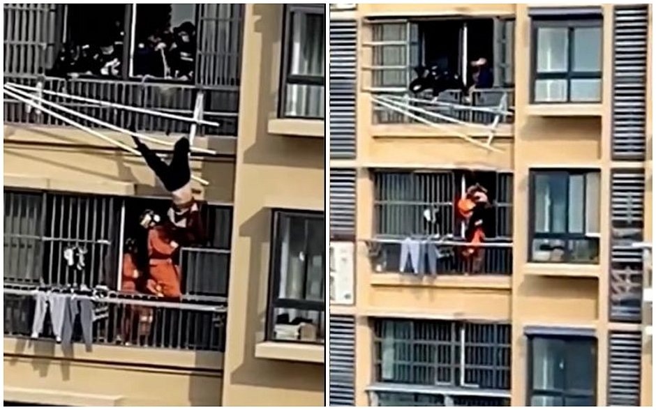 Idosa de 82 anos fica pendurada em varanda de edifício na China