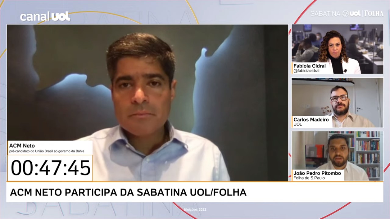 Em sabatina do UOL/Folha, ACM Neto nega aproximação com Bolsonaro ou Lula