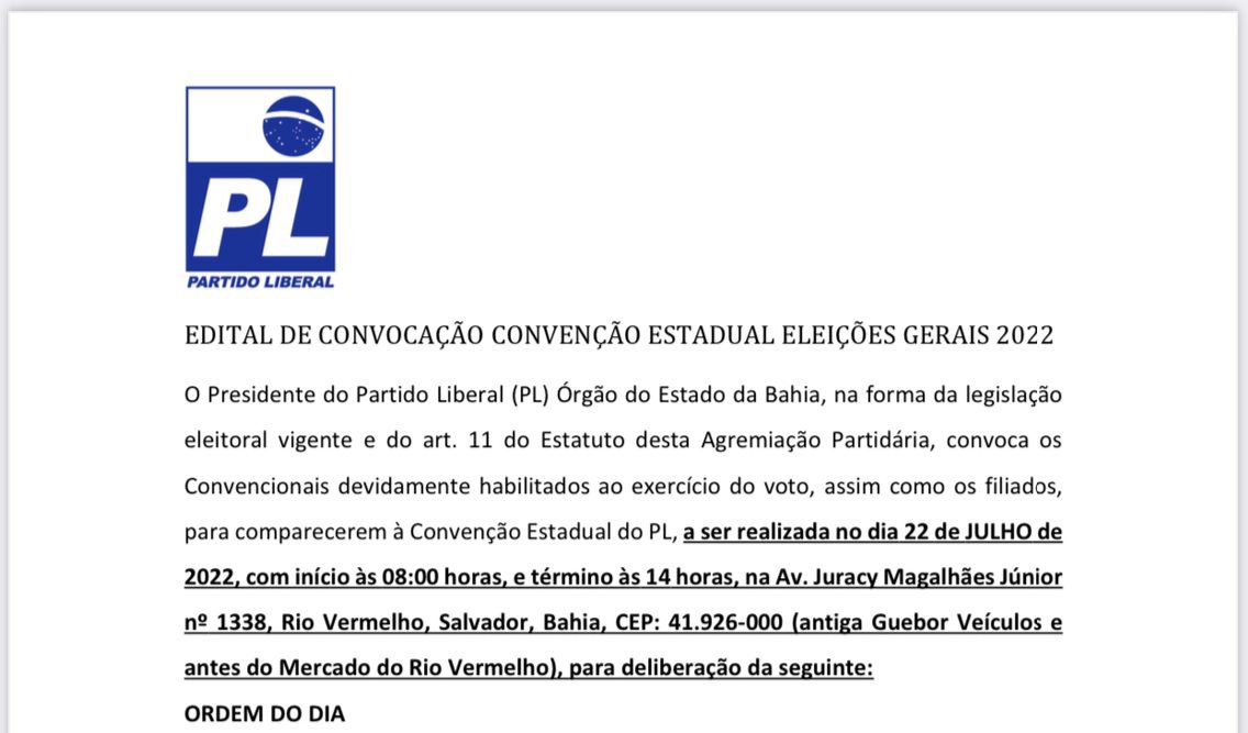 EDITAL DE CONVOCAÇÃO – PARTIDO LIBERAL: CONVENÇÃO ESTADUAL ELEIÇÕES GERAIS 2022